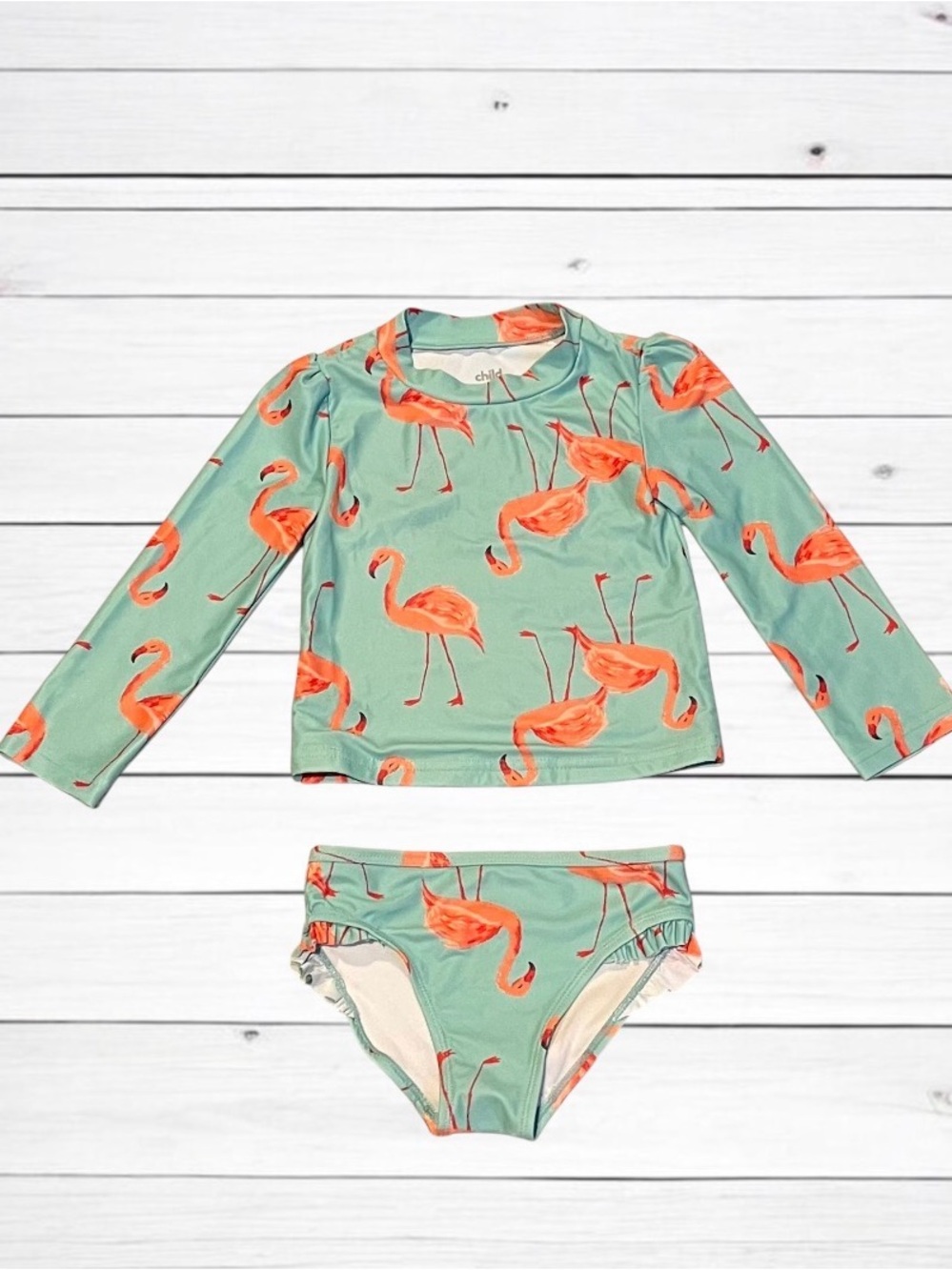 Child of Mine (Carter's) Long Sleeve Rash Guard Swim Set Mint & Orange Flamingo
